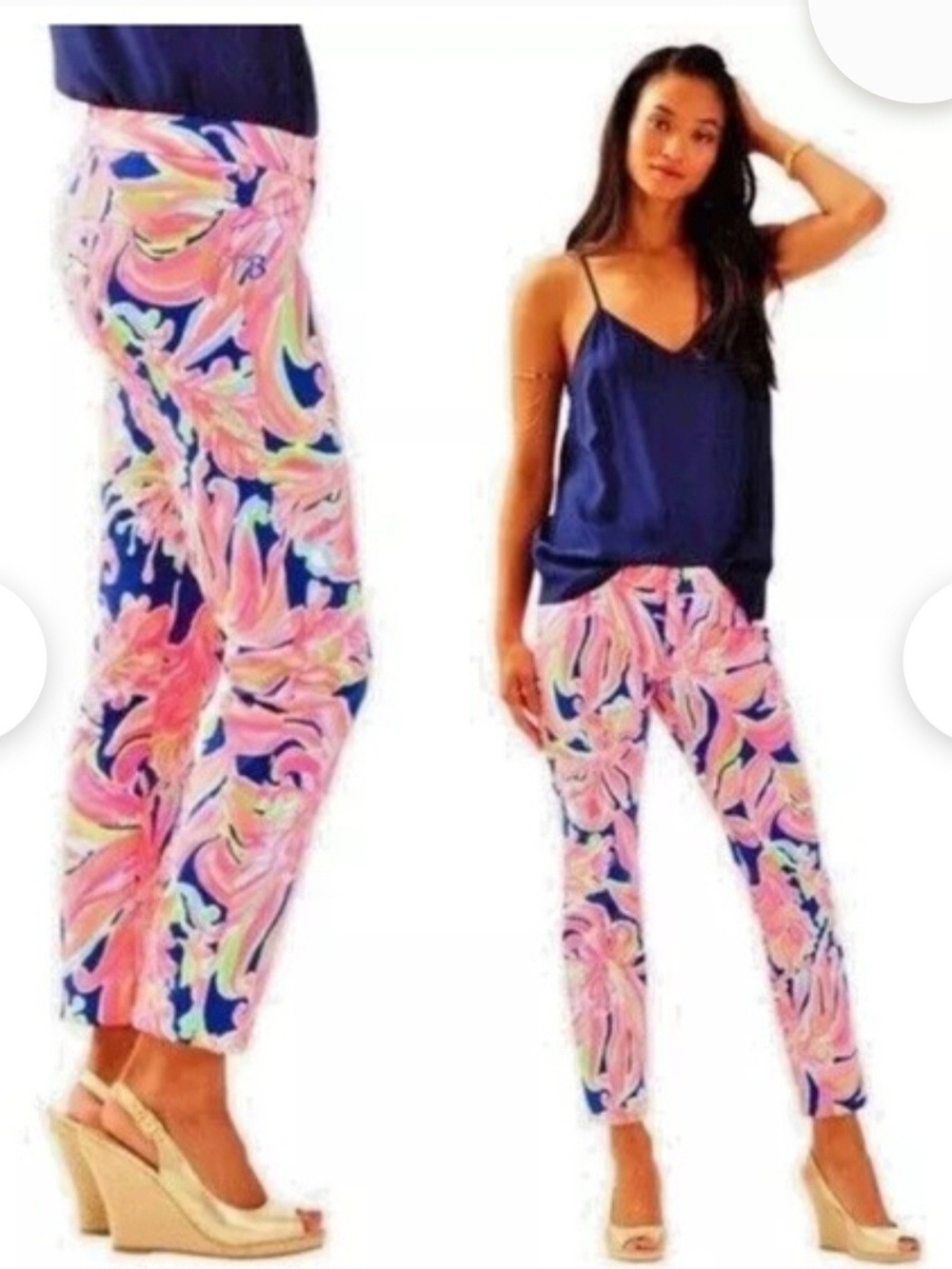 Lilly Pulitzer Navy Pants with Pink Floral Swirl Print